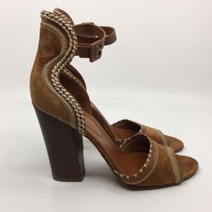 SERGIO ROSSI Tan and Cream Suede block heeled sandals EU 40 US 9